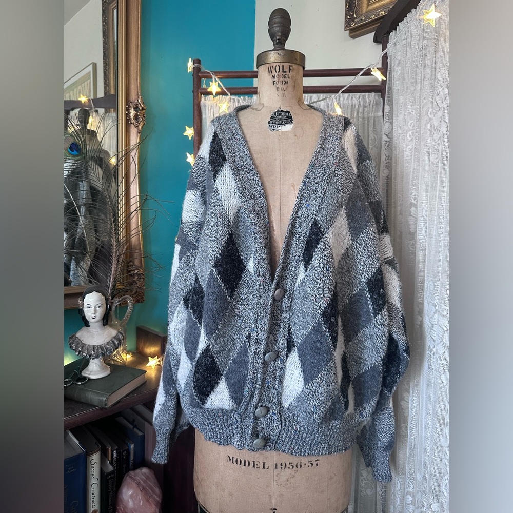 Vintage Greyscale Diamond Argyle Grandpa Cardigan Wool Sweater size Large